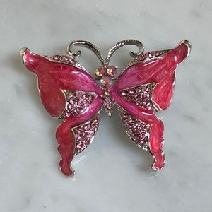 (NEW) Pink Enamel Butterfly Brooch Pin Rhinestone Silver-Tone Rhodium Plating